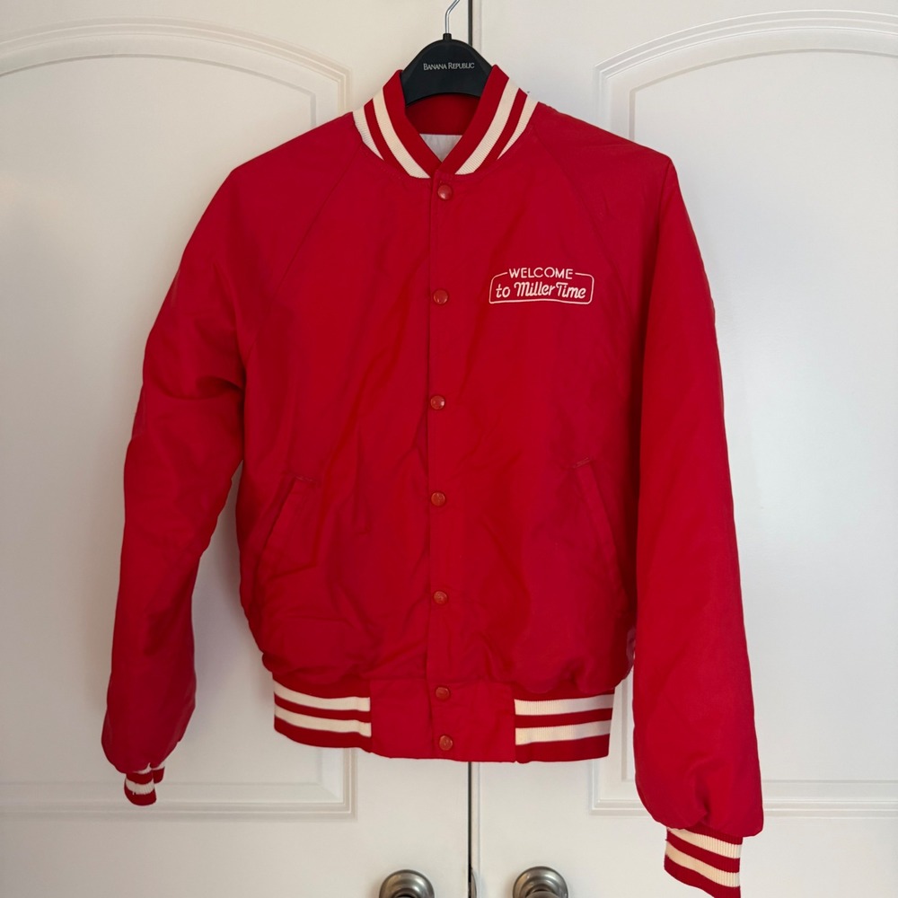 Vintage Eagle Athletic Miller Time Varsity Bomber Jacket Red Mens Medium Retro